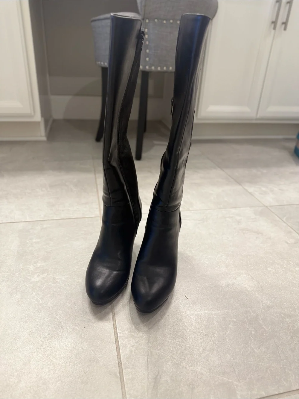 White Mountain Black Knee-High Heeled Boot with Leopard Lining